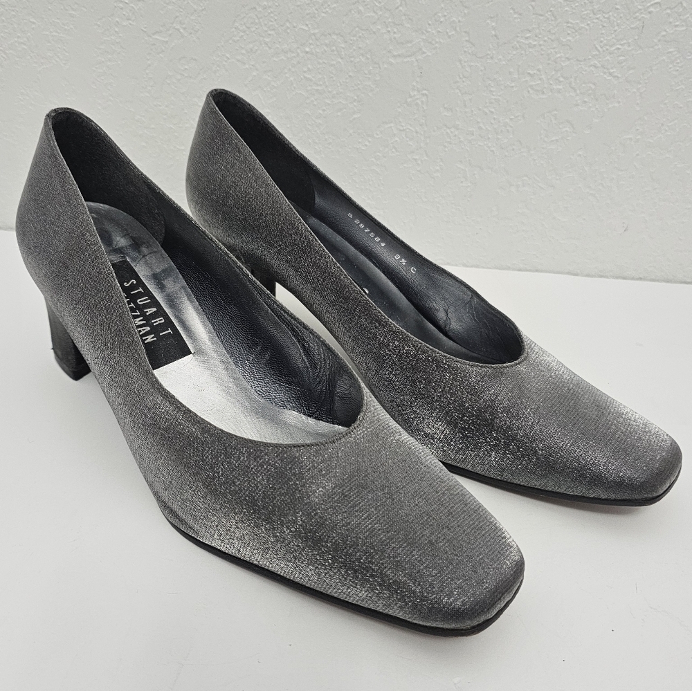 Stuart Weitzman Vintage 1990s Silver Block Heels Pumps w/ Square Toe Size 9.5 C
